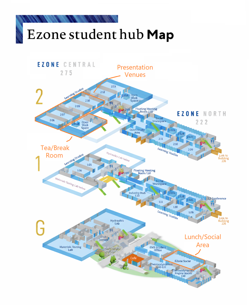 EZONE Central floor plan showing Rooms 206, 207, 209, and 210 on Level 2